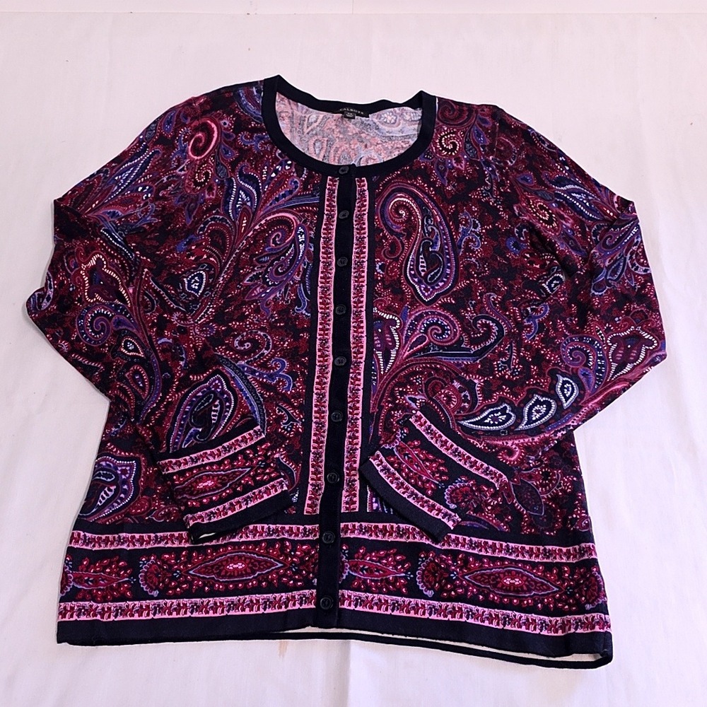 Talbots Cardigan Women XS Burgundy Paisley Button Front Cotton Blend Sweater